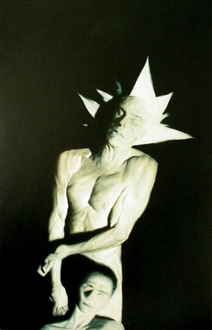 a painting of a man with a large white starlike object on his head. his face is gaunt and appears to be staring up. the man is positioned in a dramatic pose with his arms bent, and one arm is resting on the head of another man with his face partially visible below the first man's arm. the painting is mostly dark with strong lighting creating highlights on the man's body.  the image is likely an abstract representation of a spiritual or religious theme.