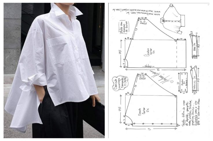 the image shows an oversized white shirt, a popular fashion trend, alongside its sewing pattern. the pattern diagrams are on the right side of the image, showing the different pattern pieces required to construct the shirt, including the front, back, collar, and cuffs. the diagrams include dimensions and instructions in portuguese. the shirt itself is featured on the left side of the image, demonstrating the final product when the sewing pattern is followed.
