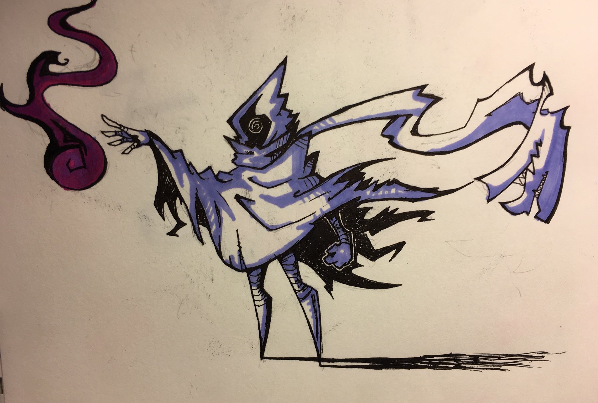 this is a stylized drawing of a cloaked figure with one eye visible conjuring a magical purple flame. the figure is standing and appears to be facing the left. they are wearing a long, flowing robe with exaggerated pointed edges. the robe and the figure's hood obscure their entire body, except for their hand and one eye. the hand is outstretched, palm facing upwards, towards the flame. the flame is drawn with swirling lines and a gradient of purple hues. there is a shadow beneath the figure. overall, the drawing evokes a sense of mystery and magic.