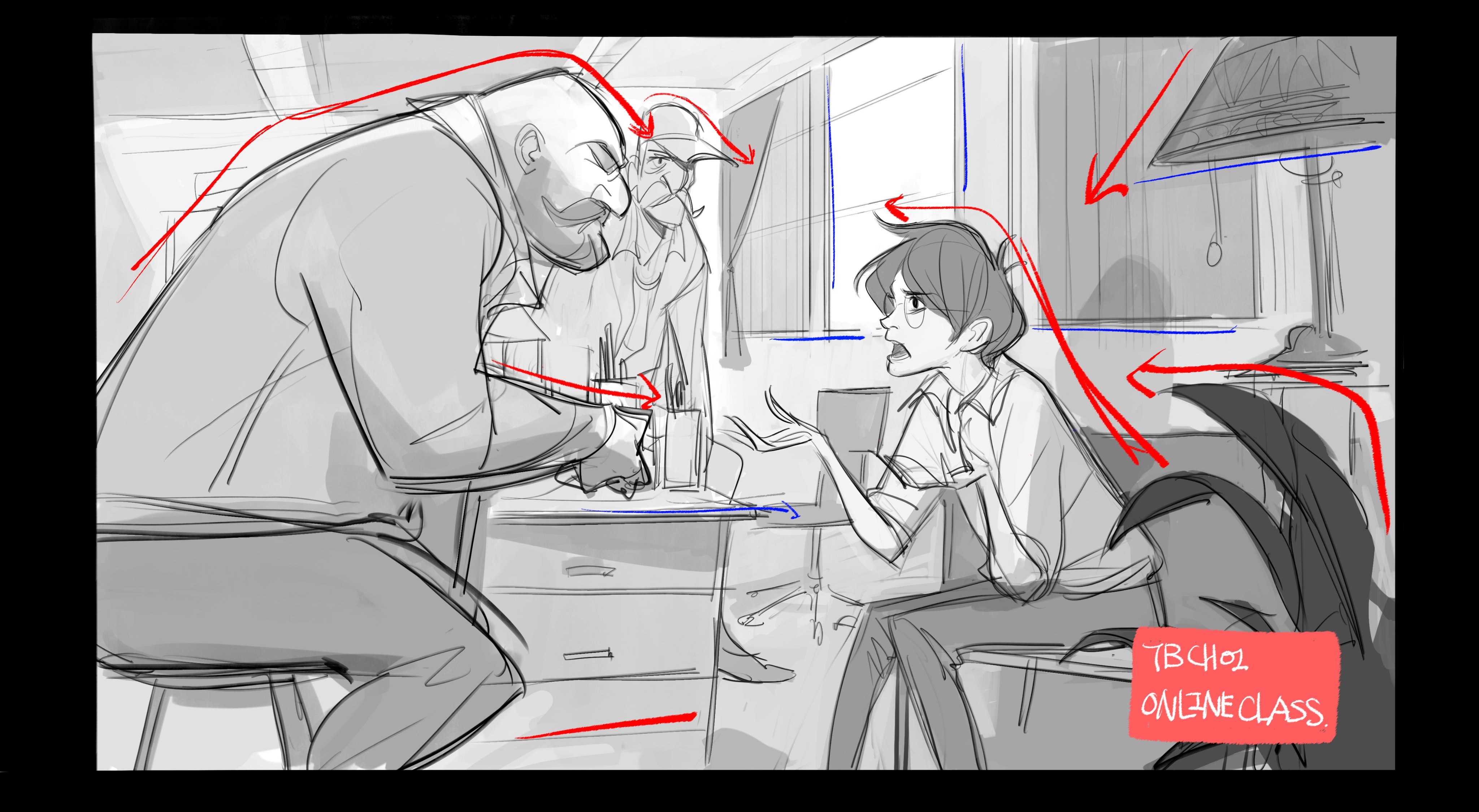 the image is a storyboard sketch for an animated scene. it depicts a tense conversation between a large, sternlooking father and his younger son. the setting is a home interior, with a table, chairs, and a plant visible. the son appears frustrated and is arguing with his father.  the sketch is in grayscale and is done in a rough, quick style, typical of earlystage animation production.  there are red and blue lines indicating the composition and intended camera angles. a small red box in the bottom righthand corner indicates the scene title "tb ch01 online class," suggesting the scene takes place during an online class. the style suggests a potentially dramatic or emotionally charged scene.