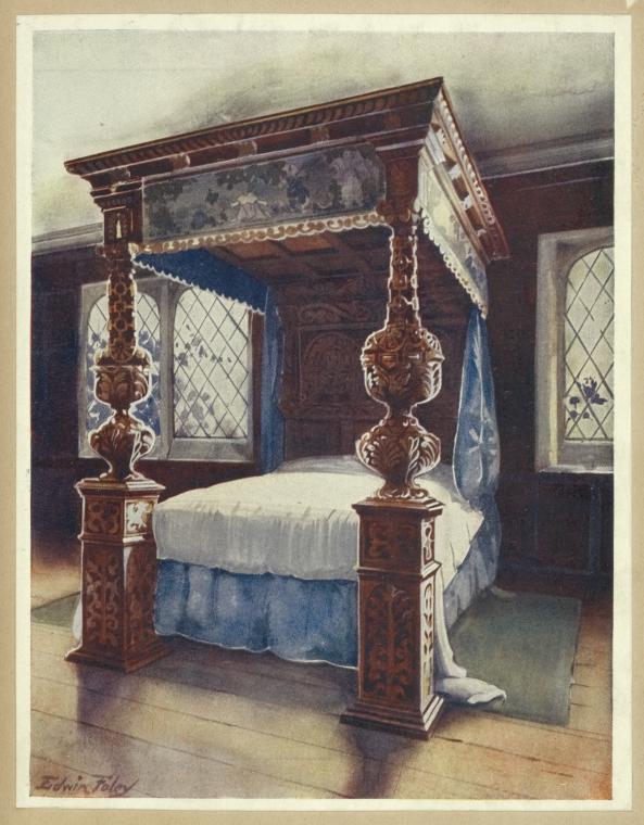 the image is a painting of a bedroom featuring a large, ornate fourposter bed as the central focus. the bed has a dark wooden frame with carved details and a canopy draped with blue curtains. white bedclothes cover the mattress. the room has windows with diamondshaped panes, and the walls appear to be a dark color. the painting is signed "edwin foley" in the lower left corner. the style suggests a historical or traditional setting.