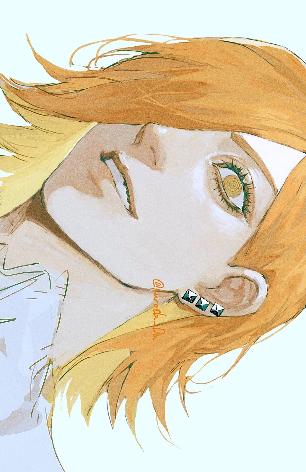 this is a digital art illustration of a female anime character with bright orange hair. her face is turned slightly up and to the right with her eye looking at the viewer. she is wearing a simple earring with a sparkling blue gem.  the background is a light blue.