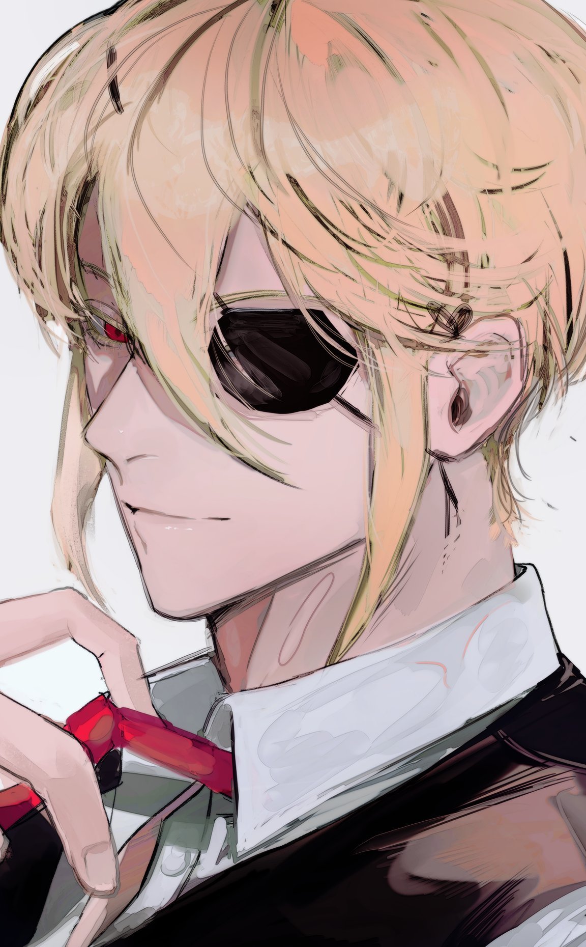 this is a digital illustration of an anime boy wearing a black suit, an eyepatch covering his left eye, and a red tie. his right eye is a glowing red. he has blonde hair and  is looking straight ahead, with a serious expression on his face.  the image is drawn in a style typical of manga and anime.