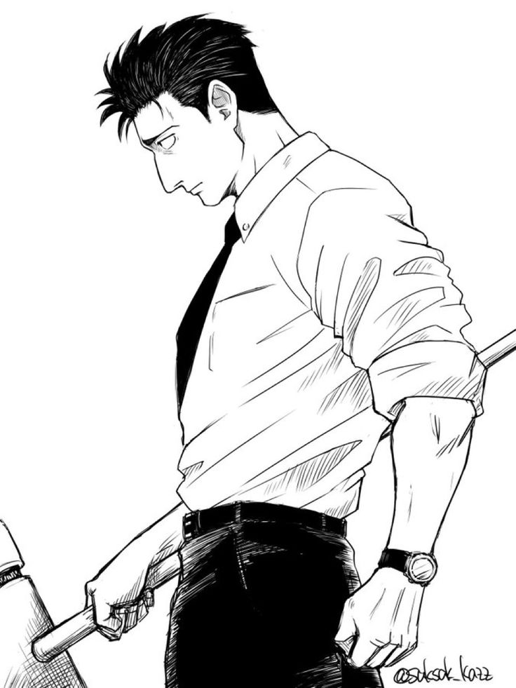 the image is a monochrome mangastyle illustration of a man. he is depicted from the side, appearing serious or pensive.  he's dressed in formal attire—a collared shirt, tie, and trousers—and is holding what looks like a heavy club or stick. his expression is somewhat shadowed, and the overall style is detailed and expressive, characteristic of manga artwork. the contrast between black and white is quite striking.  he wears a watch on his left wrist.
