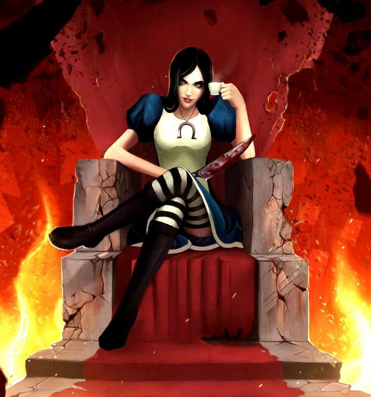 this is a digital art piece that depicts a dark and twisted version of alice in wonderland. alice is sitting on a throne in a red and white dress. her outfit is adorned with black and white striped stockings. she is holding a cup in one hand and a knife in the other. there is fire behind the throne and blood on the floor. the piece is meant to be eerie and disturbing, capturing the dark side of wonderland.