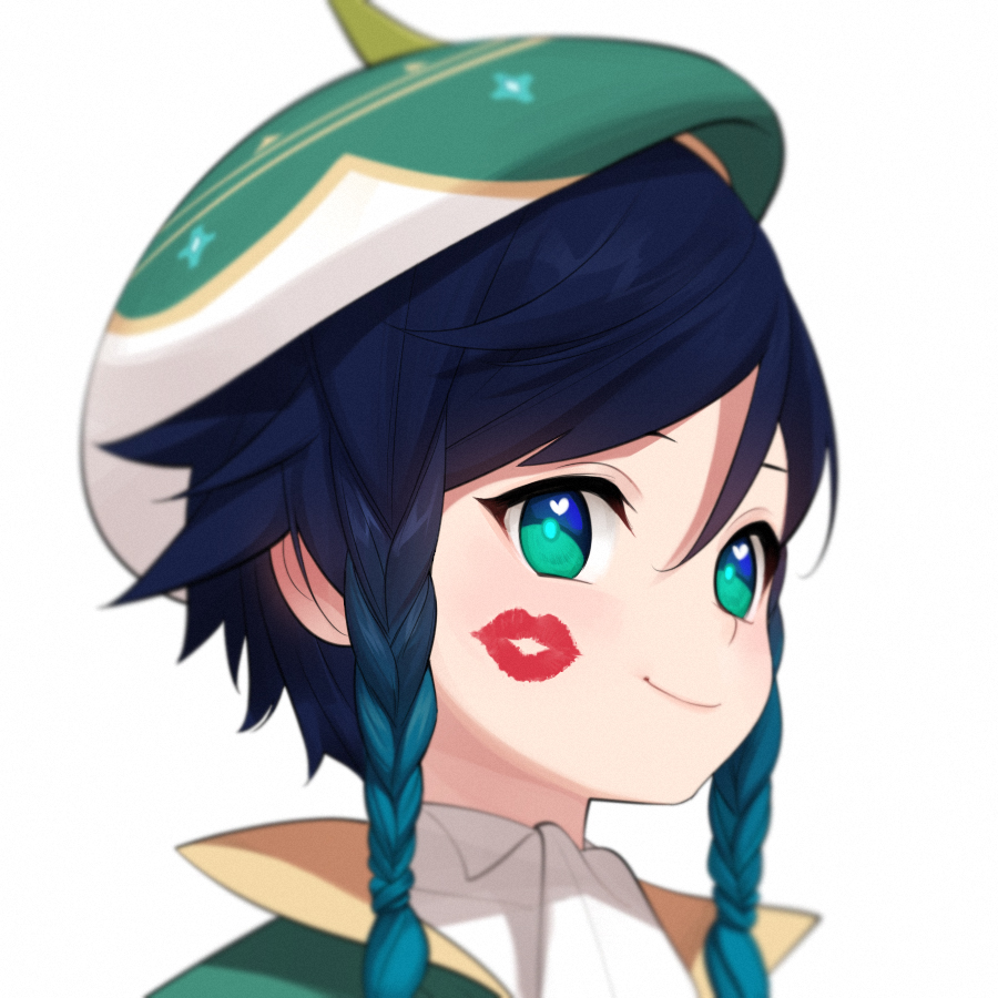 closeup illustration of "collei," a character from genshin impact, with a lipstick kiss mark on her cheek. she has teal blue eyes and matching blue hair in braids. she wears her signature green hat and a white shirt with a green collar.  she has a slight smile with rosy cheeks and is looking up to the side.