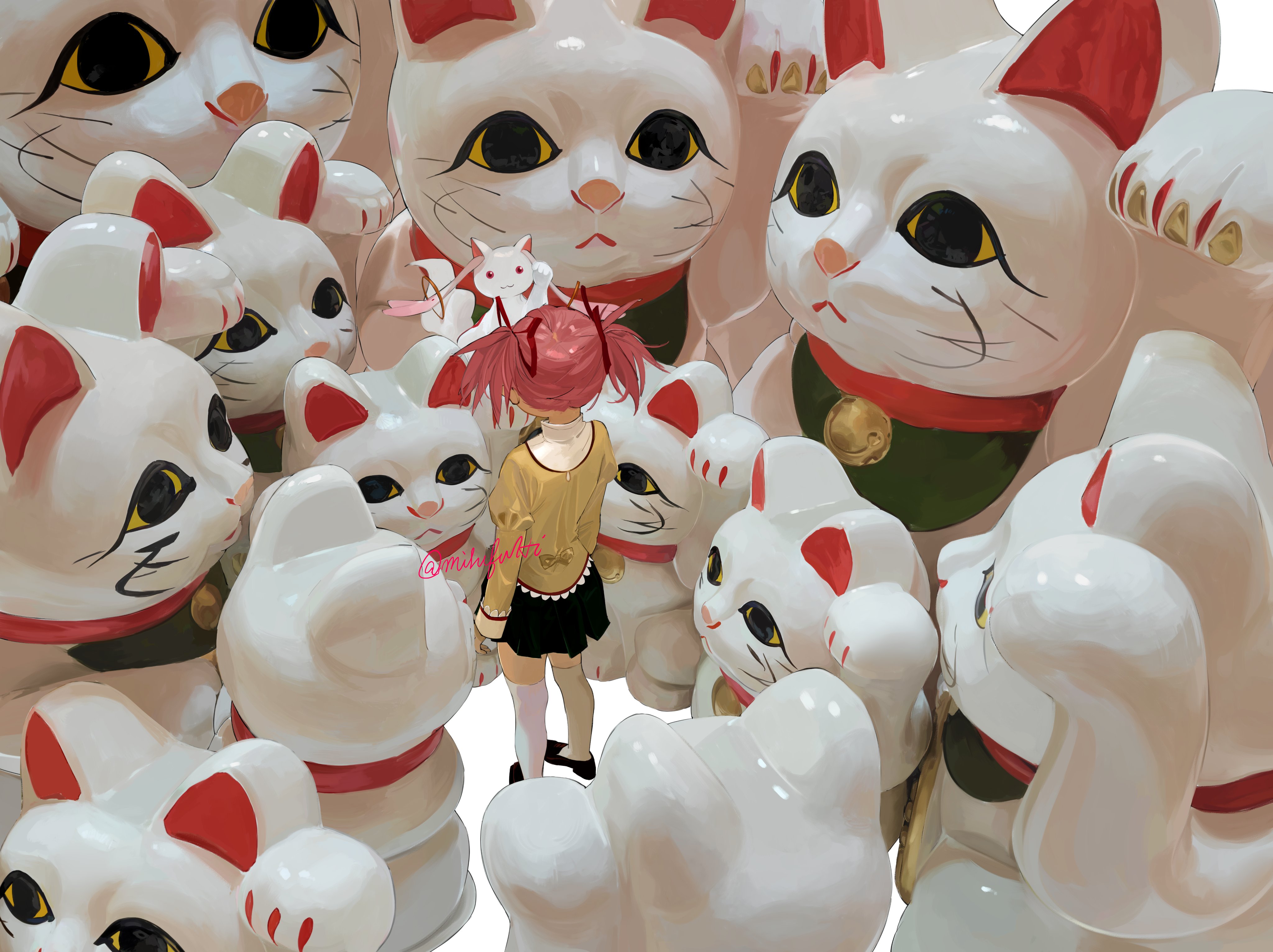 the image is a digital painting or illustration depicting a small animestyle girl standing amidst a large group of manekineko (japanese beckoning cat) figurines.  the cats are predominantly white with red accents on their ears and paws, and are in various poses. the girl is dressed in a yellowishgold top and dark skirt, appearing smaller in comparison to the large size of the surrounding cats.  the scene is playful and cute, suggesting good luck or fortune. the style is reminiscent of anime and kawaii aesthetics.  the cats seem to be piled or heaped together, surrounding the girl.