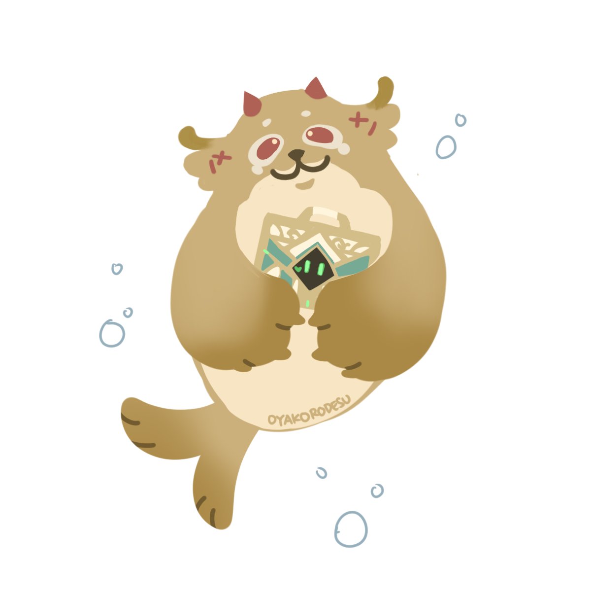 a cartoon illustration of a cute otter with horns, holding a gift box. they are floating in the water and surrounded by bubbles. the otter is smiling with a happy expression and their eyes are closed.  the background is white and the otter is drawn in a soft, childlike style.  this image is perfect for a cute and friendly design.