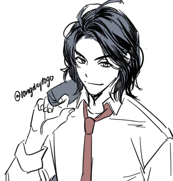 the image is a digital drawing or sketch of a young man with long, dark hair styled in a somewhat messy, yet intentional way. he is wearing a lightcolored collared shirt and a dusty rose or reddishbrown tie. the man is depicted adjusting his collar or jacket with one hand, and has a somewhat serious or pensive expression. the style is reminiscent of anime or manga, with clean lines but a slightly loose, sketchy quality. the artist's tag "@longdaytogo" is visible in the upper left corner. the overall tone is stylish and slightly mysterious.