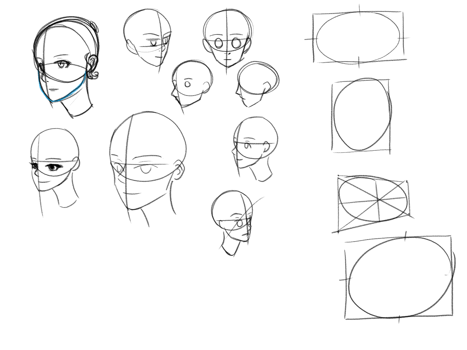 he image contains a collection of sketches demonstrating various views and construction methods for drawing heads, primarily in an anime or manga style.  there are multiple examples of frontal, profile, and threequarter views of heads, both with and without construction lines showing the underlying shapes (ovals and circles) used to guide the drawing.  some sketches are more detailed, showing features like eyes, hair, and ears, while others are simpler, focusing on basic shapes and proportions.  the overall purpose appears to be educational, providing a visual guide for learning to draw heads from different angles.