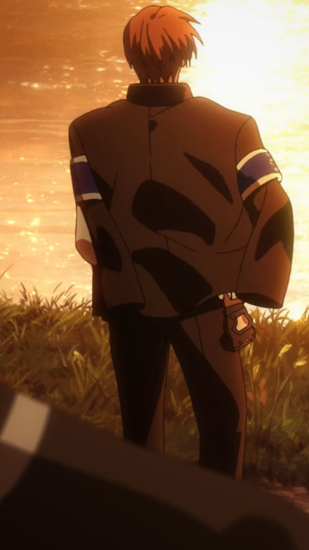 a young man with short, reddish brown hair is shown from behind, silhouetted against a vibrant sunset. he stands amidst tall grass, his back to the viewer as he gazes towards the setting sun. he wears a dark, formal outfit with blue accents on the sleeves and a brown glove on his right hand.  the scene evokes a sense of contemplation and tranquility against the backdrop of a breathtaking natural vista. the lighting is predominantly warm, casting long shadows and highlighting the outline of the character and the surrounding foliage.