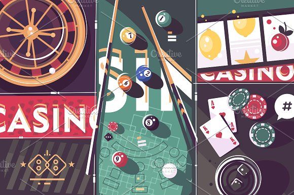 the image depicts a casino theme, featuring various gambling elements such as a roulette wheel, billiard balls and cues, a slot machine, playing cards, poker chips, a cocktail, and dice. the overall design is stylized and graphic.