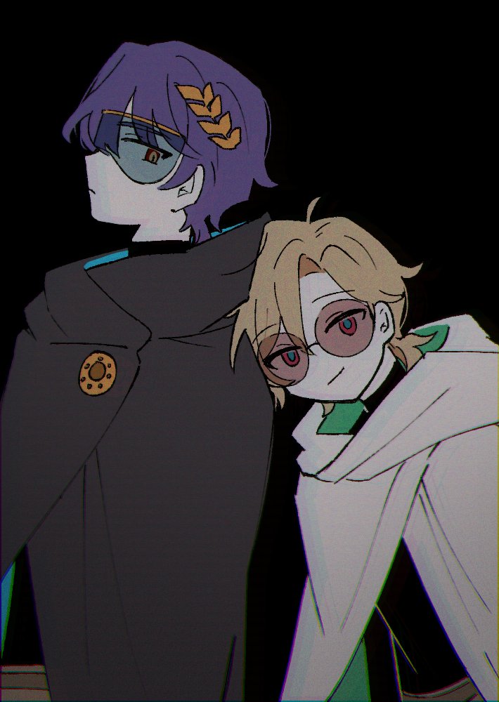 he image shows a digital drawing of two animestyle male characters. one character has purple hair, a dark cloak, and a mask over his eyes; while the other has blond hair, round glasses, and a white hooded cloak. they are standing close together, with the blondhaired character leaning on the purplehaired one's shoulder. the background is dark, highlighting the characters and their clothing. the overall style is dark and aesthetic, with a focus on the characters' expressions and poses.
