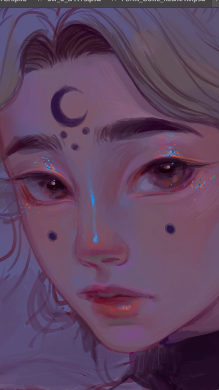 the image is a digital painting or illustration of a young woman's face.  the style is reminiscent of anime or fantasy art, with soft, ethereal qualities. the woman has pale skin adorned with subtle celestialthemed makeup: a crescent moon and small dots on her forehead, along with glittery eyeshadow and small dark dots on her cheeks. her hair is light blonde or grayish, partially covering her face. the overall color palette is dominated by purples, lavenders, and soft pinks, creating a dreamy and mystical atmosphere. the lighting is soft and focuses on the woman's features, giving them a glowing appearance. the detail is intricate, especially in the rendering of the eyes, skin texture, and hair. the overall mood is peaceful and enchanting.