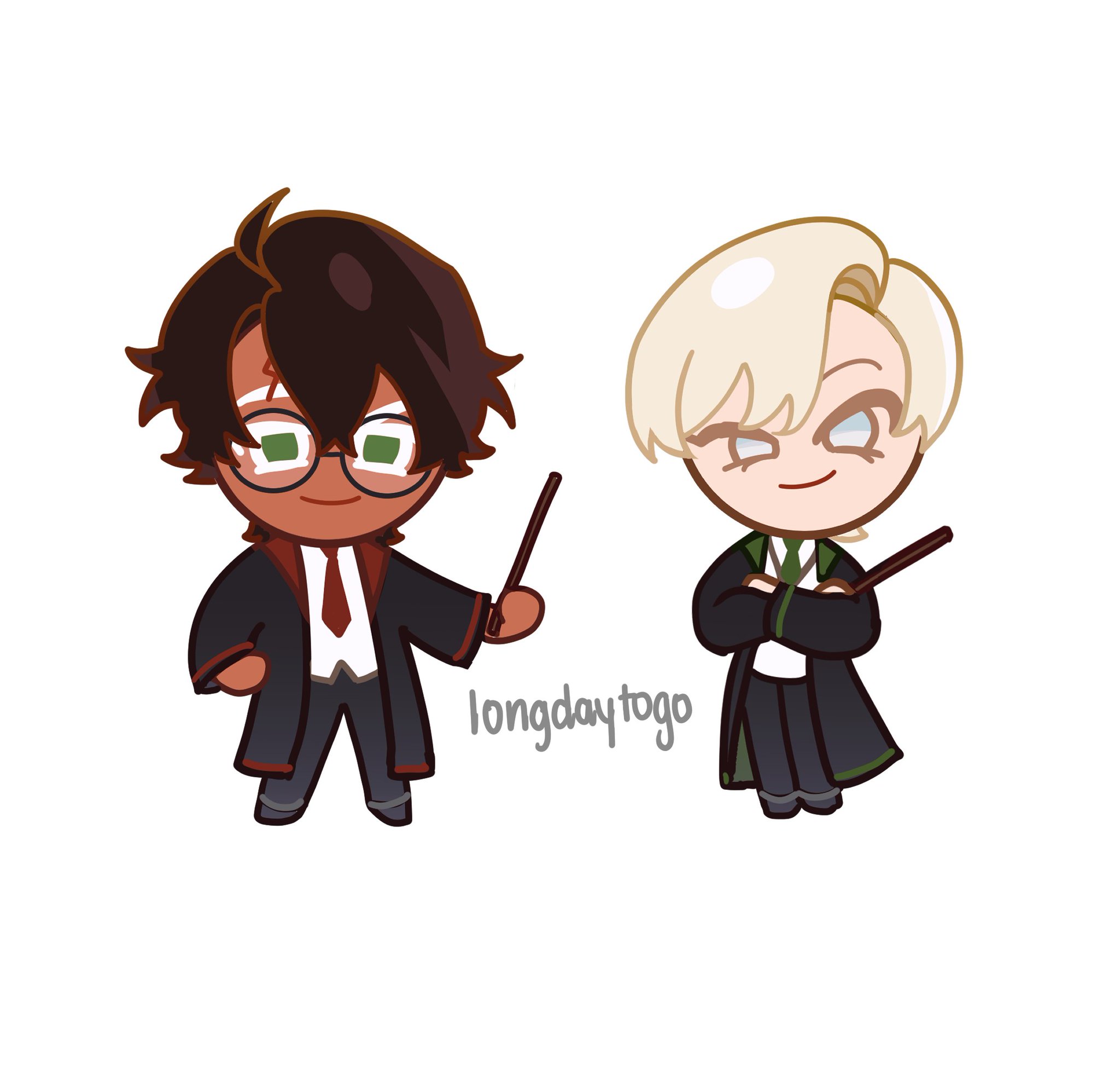 the image shows two chibistyle illustrations of characters reminiscent of harry potter and draco malfoy from the harry potter series. the character on the left, resembling harry, has dark brown hair, glasses, and is wearing a gryffindoresque robe.  he holds a wand. the character on the right, resembling draco, has blond hair and is wearing a slytherinesque robe. he is holding a wand and has a slightly smirking expression. both characters are drawn in a cute, simplified animeinspired style. the artist's signature "longdaytogo" is visible between the two characters.