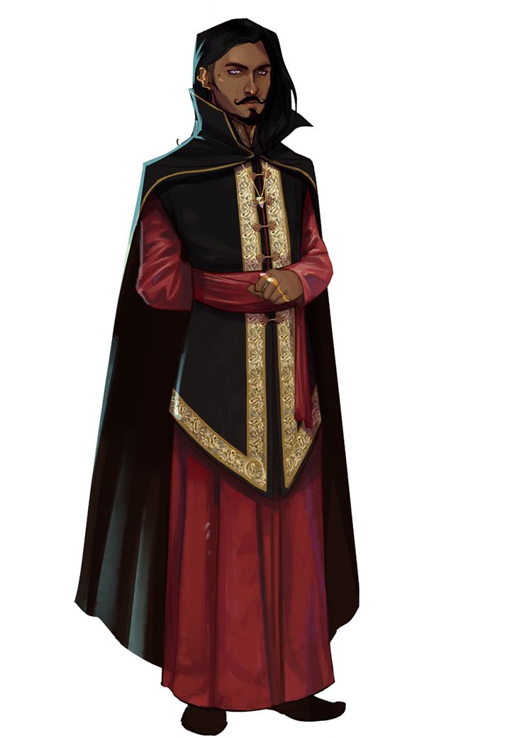 the image is a digital painting of a man, possibly a character from a fantasy setting. he's depicted from the knees up, standing against a plain white background. he has dark skin and long dark hair, a neatly trimmed mustache, and wears a richly detailed outfit.  his clothing consists of a long, darkcolored cape over a burgundy robe with gold embroidery and detailing.  the robe is belted at the waist with a thin, possibly silken, sash.  he appears to be of noble or high social standing. his expression is serious and composed. the style of clothing suggests a historical or fantasy setting inspired by perhaps medieval or renaissance fashion.