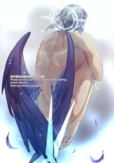 the image is a digital artwork depicting a winged male figure from the back. he appears to be falling or floating, with his wings spread out and light effects surrounding him. his wings are predominantly dark purple with hints of blue and white, and feathers are scattered around him.  he has pale skin, grey hair, and a muscular physique. there are markings on his back which resemble a tattoo or body paint.  the overall style is reminiscent of anime or manga art, with soft shading and a dreamlike, ethereal quality. the artist's name and link are included in the image.