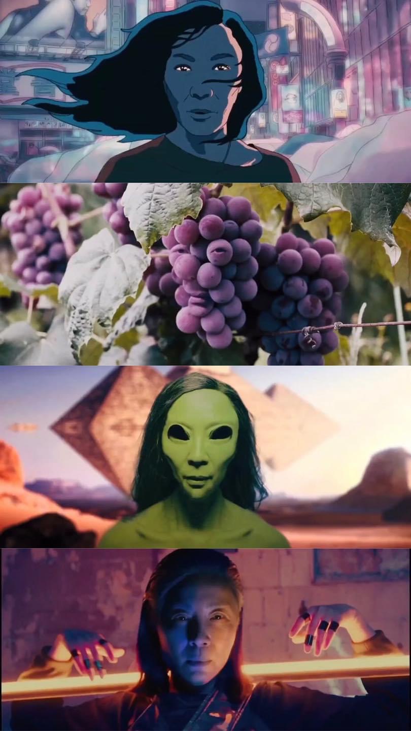 the image is a collage of four distinct scenes. the top scene features an animated woman with windblown hair against a futuristic cityscape backdrop. the second showcases a closeup of ripe purple grapes on a vine. the third scene presents an alien figure with large black eyes standing in a desert landscape with a pyramid structure in the background. the final scene portrays a woman with glowing lines emanating from her hands, set against a gritty urban backdrop.