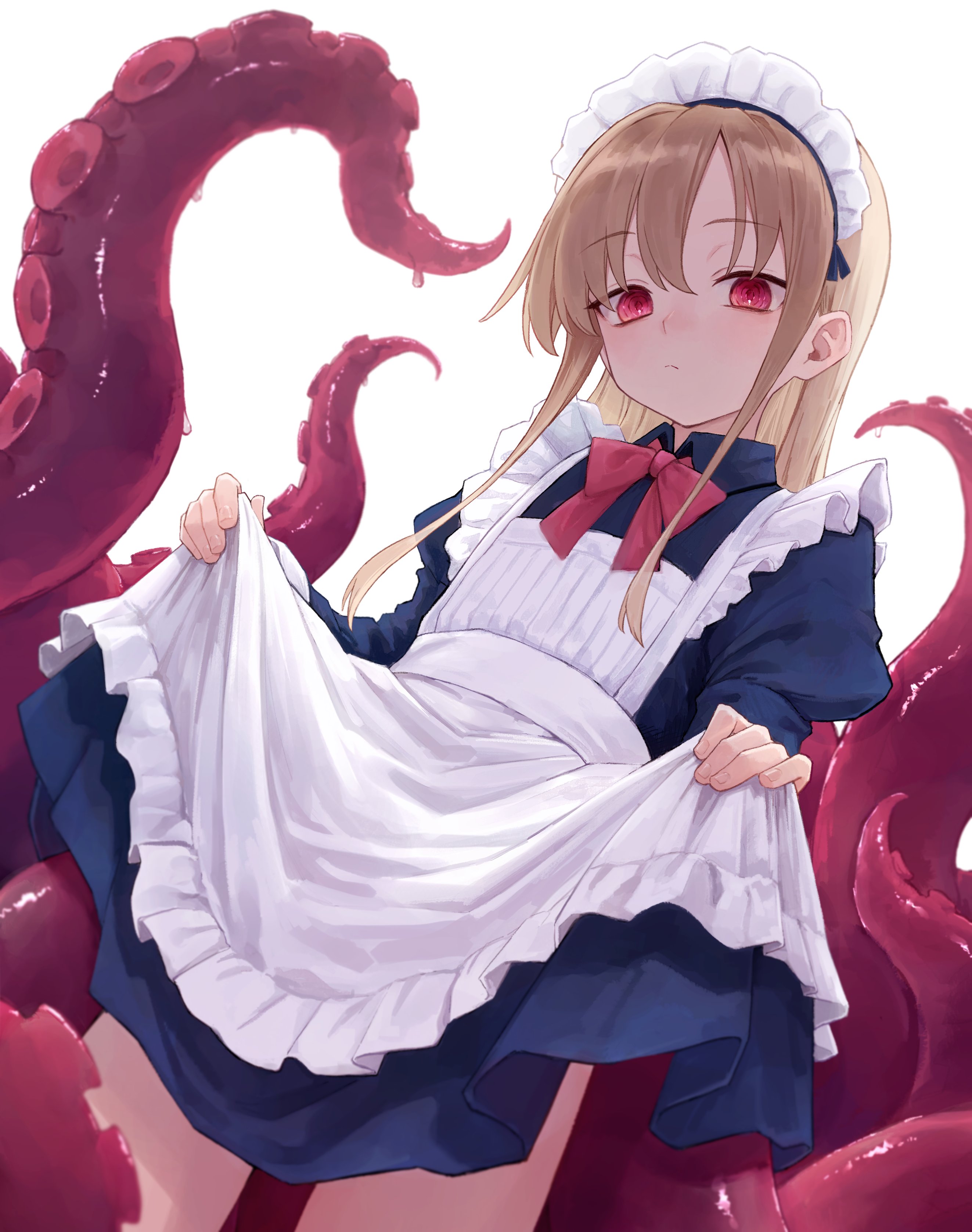 the image is a digital illustration in an anime/manga style depicting a young girl dressed as a maid. she has long blonde hair, red eyes, and is wearing a white ruffled apron over a dark blue dress.  she is partially surrounded and seemingly entangled by large, fleshy, pinkishred octopus tentacles. the girl's expression is somewhat melancholic or uneasy. the overall style is cute and whimsical, yet also has a slightly unsettling surreal element due to the presence of the octopus.