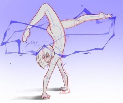 this is a digital illustration of a female anime character. the character is drawn in a dynamic pose, with her body bent back and her legs stretched out, as if she is performing a backbend. the character's hair flows behind her, and her body is outlined in a blue and purple color scheme.