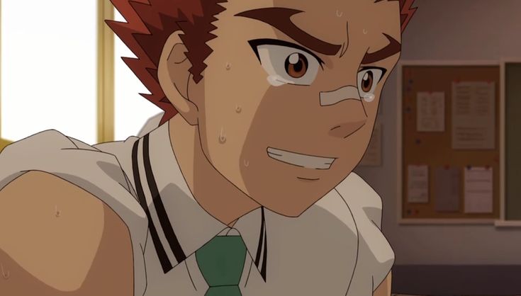 a closeup of an anime boy with red hair and a green tie. he is crying and sweating, and looks like he's both sad and happy. he is wearing a school uniform.  he is in a classroom.  the boy has a bandaid over his nose.