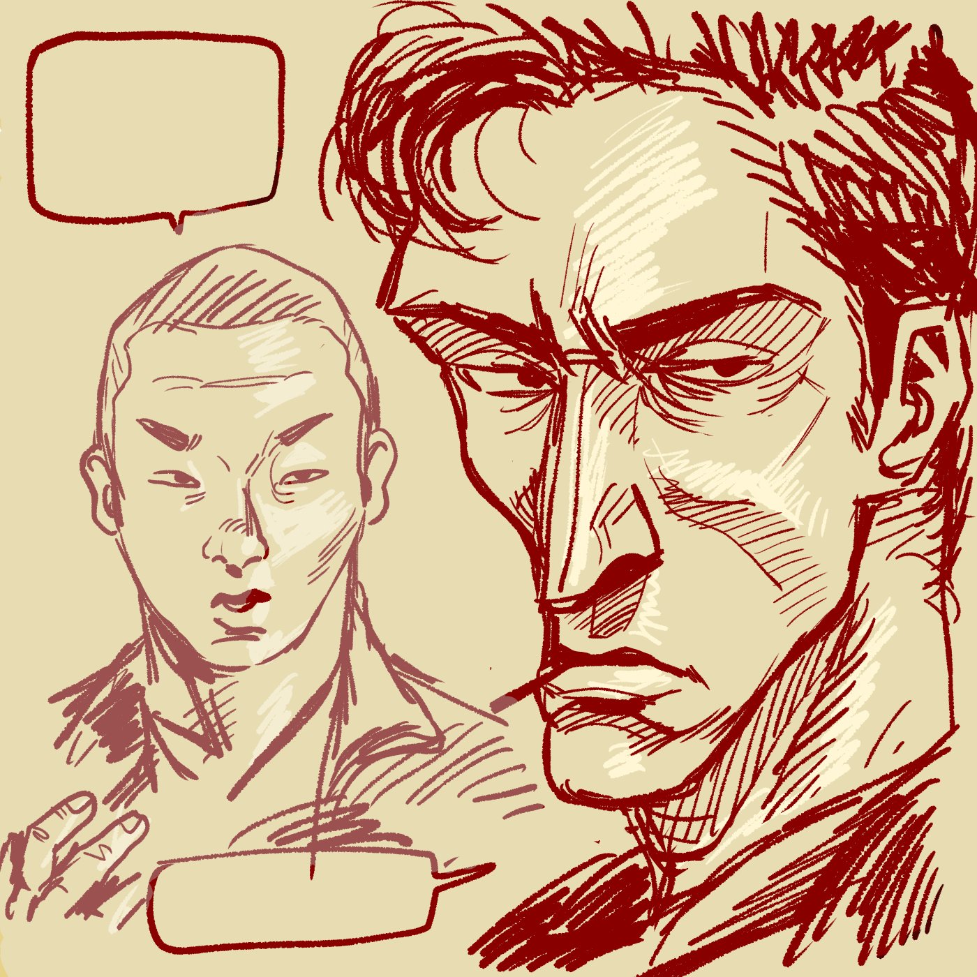 a line drawing of a man with a serious expression looking out of the frame. the man is drawn in a comic book style. the drawing is done in red and black ink on a white background. there is a speech bubble in the background with no text. there is another man's profile shown in the background.