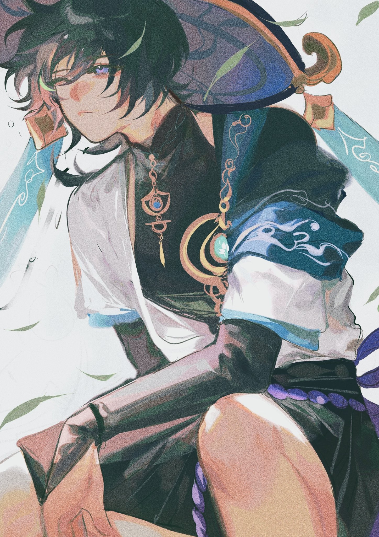 this digital fanart depicts a young male anime character, possibly inspired by genshin impact's traveler in a sumeru design, sitting serenely. he has dark hair and blue eyes, and is wearing a widebrimmed hat, an elaborate necklace, and clothing in soft blues, whites, and dark tones. the style is soft and ethereal, with pastel colors and floating leaves in the background, creating a mystical and peaceful atmosphere. the character's expression is gentle, and the overall composition emphasizes a calm and relaxed posture.