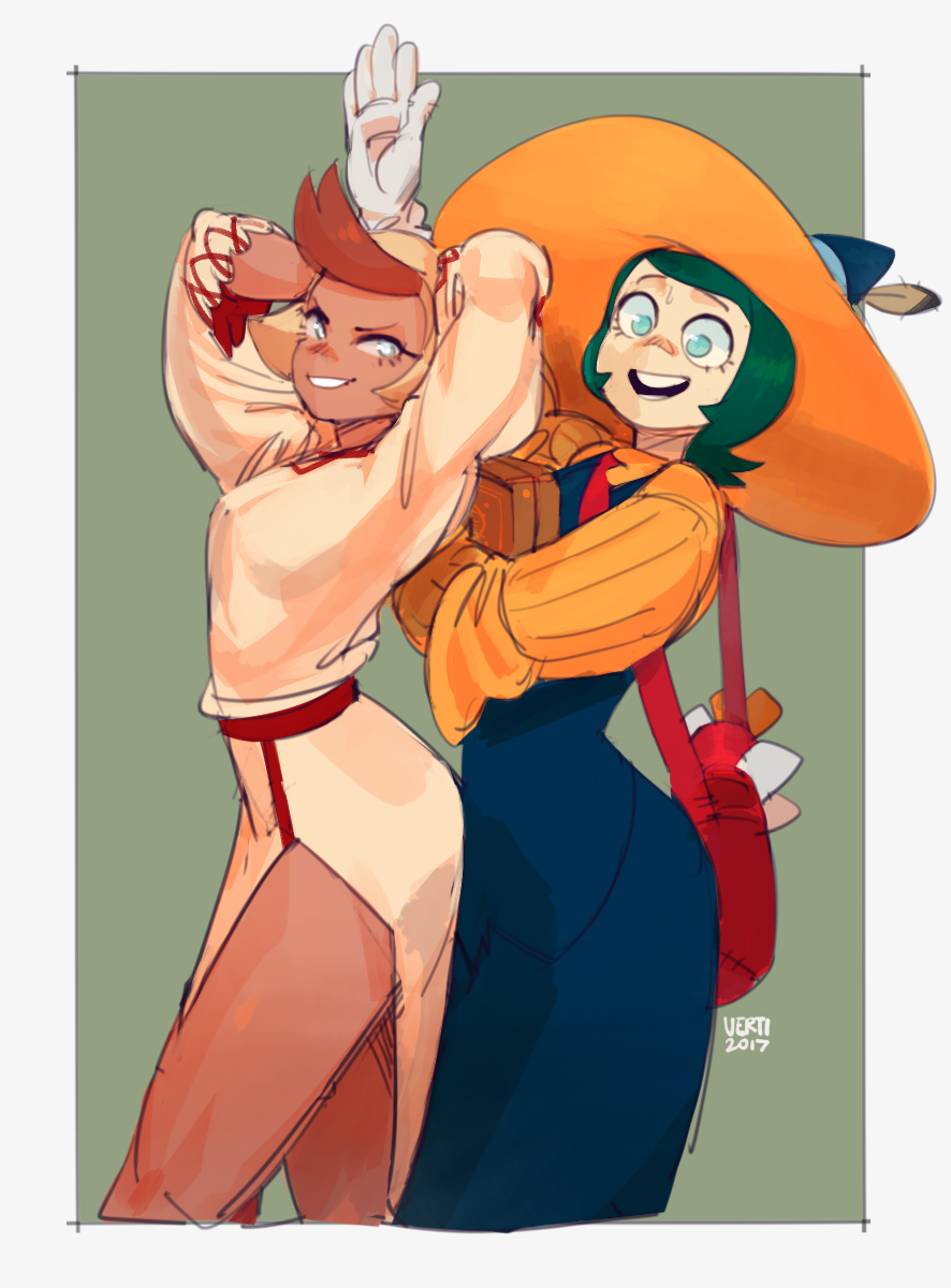 the image depicts two female characters, one with blonde hair and one with green hair. both are wearing fantasystyle outfits, with the blondehaired character in white and red, and the greenhaired character in orange and blue. the blondehaired character is holding a book and is hugging the greenhaired character from behind, both smiling happily. the characters appear to be witches or wizards, with the greenhaired character wearing a large, orange hat. the background is a simple green color.  the image has a lighthearted, whimsical tone.