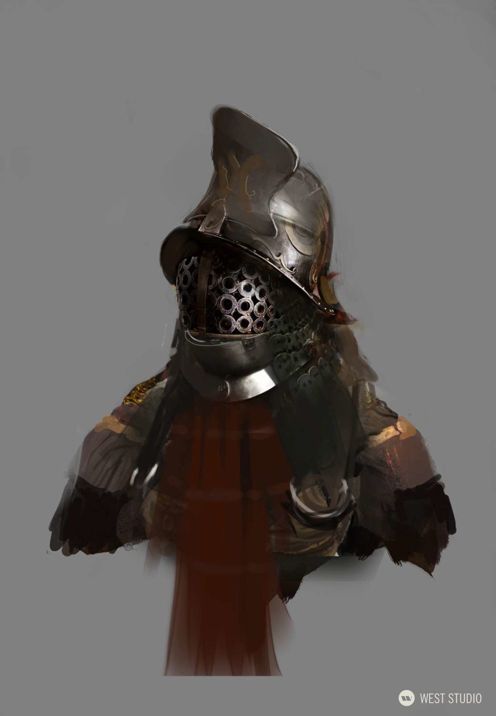 a digital painting of a warrior's upper torso clad in ornate armor. the most prominent feature is the helmet with a distinctive high crest and a perforated faceguard. the armor appears to be a combination of metal plates and chainmail, adorned with intricate details and gold accents. a flowing red fabric piece hangs from the neck down the chest, adding a touch of color and movement to the otherwise rigid and metallic figure. the background is a plain gray, emphasizing the subject. the overall style of the painting is realistic with a touch of fantasy, suggesting a character design for a game or a film.
