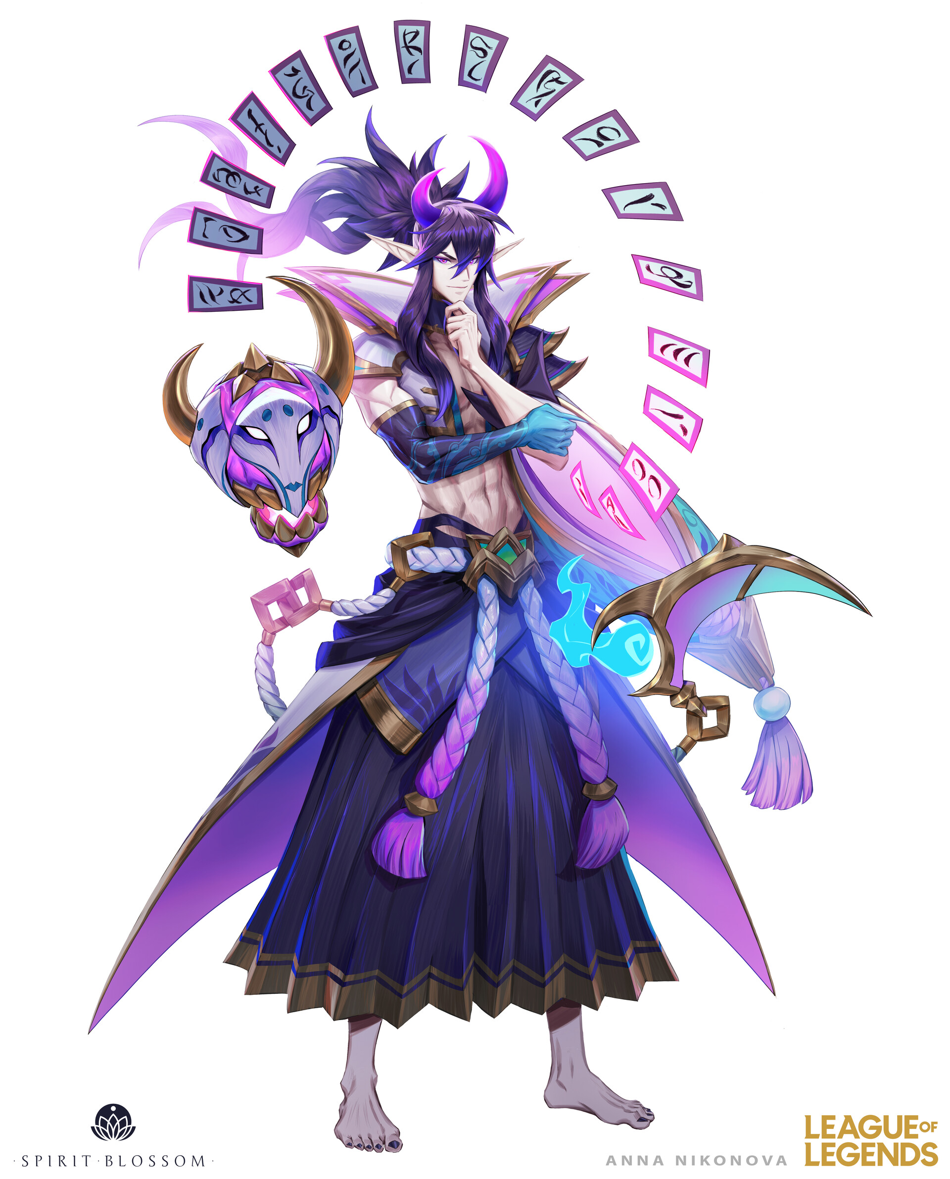 the image is a digital painting of yasuo, a character from the video game league of legends, in his spirit blossom skin. he is depicted as a handsome, slender young man with long dark purple hair, horns, and pale skin. he is wearing an elaborate, flowing outfit in shades of purple, blue, and pink, adorned with gold accents.  a mask resembling an ox skull and a set of glowing, runecovered cards float around him, suggesting a mystic or spiritual theme. he holds a glowing cyan object in his hand and is posed in a contemplative manner, with one hand touching his chin. the background is clean and white, focusing all attention on the character.  the artist's name, anna nikonova, and the league of legends logo are subtly placed at the bottom.  the overall style is animeinspired with a focus on detail and vibrant color.