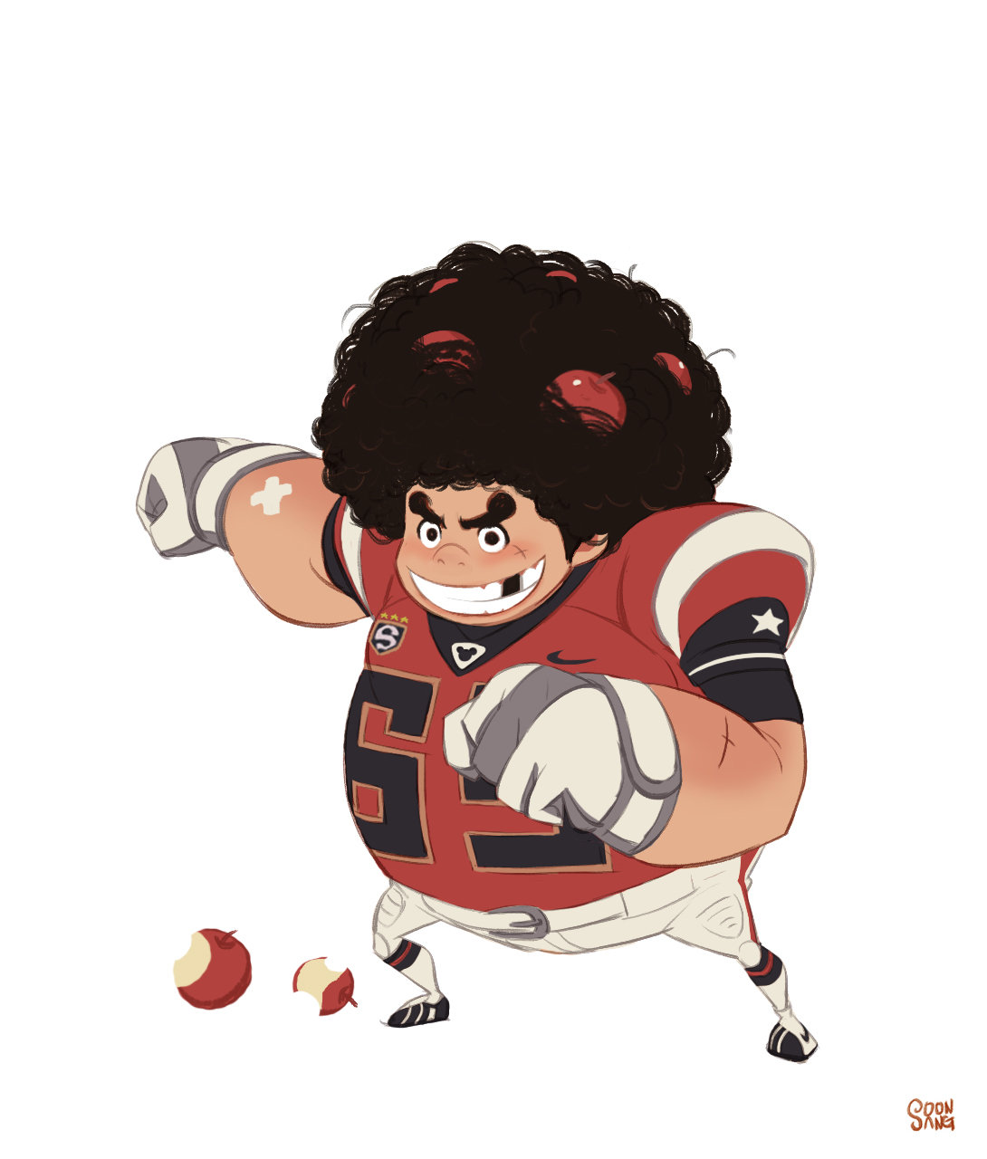 the image shows a cartoon character of a football player. he has a large afro, a mischievous grin, and is wearing a red and white uniform. he's in a dynamic pose, with one fist clenched and the other open, as if ready to charge. there are two bitten apples on the ground near his feet. the background is white, and the lighting is soft, giving the image a friendly and approachable feel.