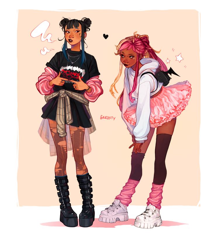 two anime girls with different fashion styles. the one on the left has black hair and is dressed in a black graphic tee, pink jacket and plaid skirt. she is wearing black platform boots, with black stockings on her legs. she is holding up a cake that is covered in red frosting. the girl on the right has pink hair and is dressed in white hoodie, with a pink tutu skirt. she is wearing white platform sneakers, pink knee high socks, and white stockings.  the image is drawn in a colorful and stylized cartoon style.
