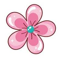 the image is of a pink flower with five petals. the petals have white accents around the edges. the center of the flower is a darker pink with black lines and a teal circle.