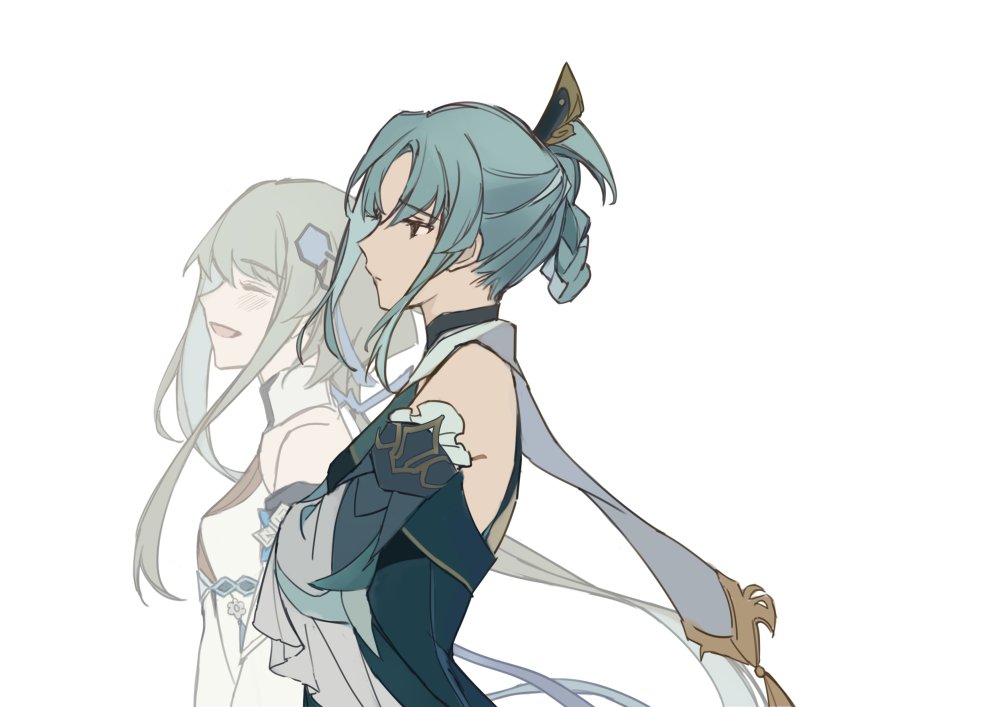 this is a digital illustration of an anime girl. she has long blue hair, and she is wearing a blue dress with white accents. she has a sword in her hand, and she is looking away from the viewer. her hair is flowing in the wind, and she is standing in a graceful pose. the background is a plain white color.
