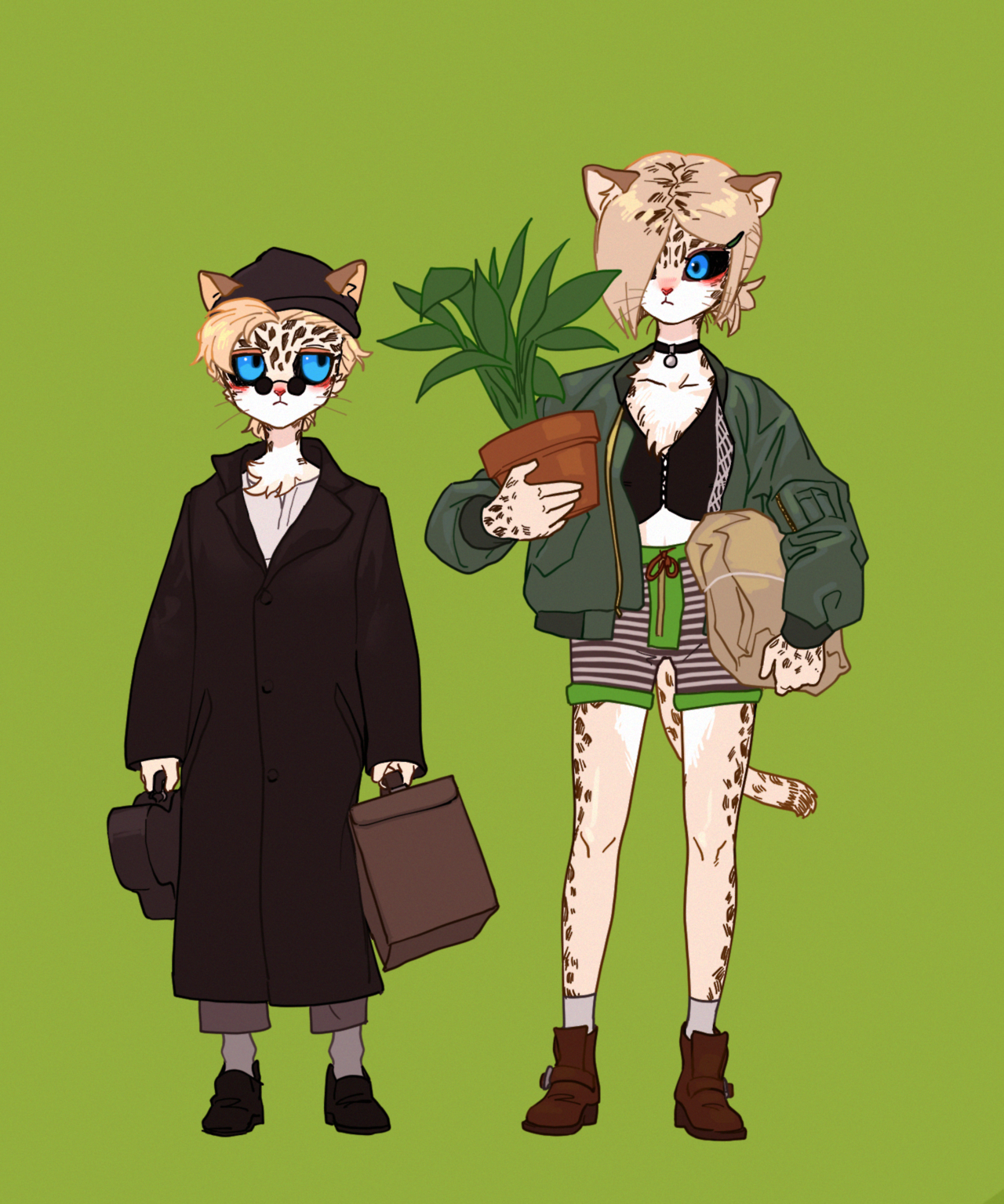 the image features two anthropomorphic cats, one male and one female, standing next to each other. the male cat is wearing a long black coat, a black hat, and sunglasses, while the female cat is wearing a green jacket with a brown bag in her hand, along with short shorts and boots. the female cat also has a plant in a pot in the other hand. the background is green.