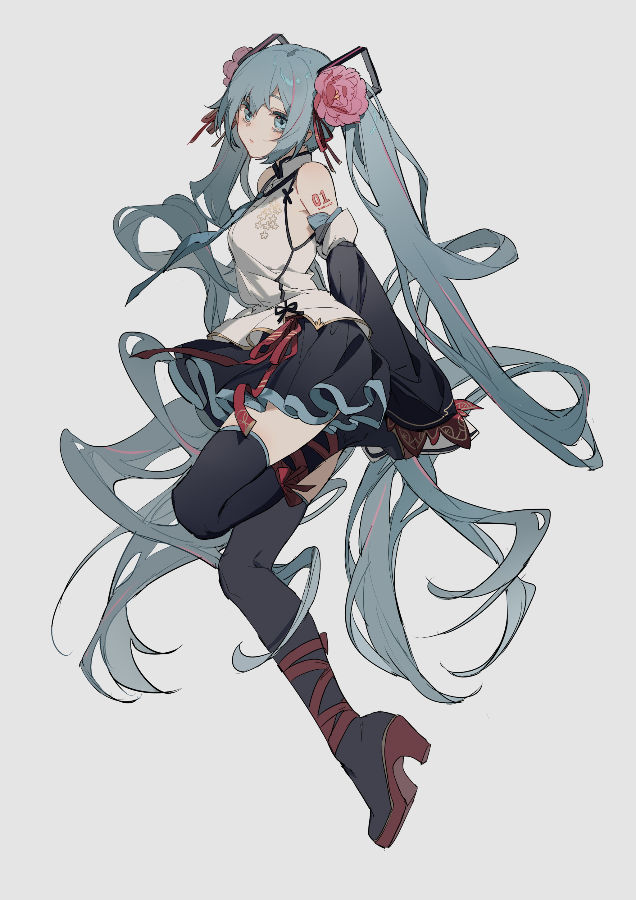 the image is a digital illustration of hatsune miku, a popular virtual singer. she is depicted in a dynamic pose, her long teal twintails flowing around her. she's wearing a stylized qipaoinspired outfit with dark stockings and boots.  roses adorn her hair. the style is elegant and graceful, with a hint of fantasy. the artwork is highly stylized, showcasing the artist's unique approach to character design and dynamic movement.