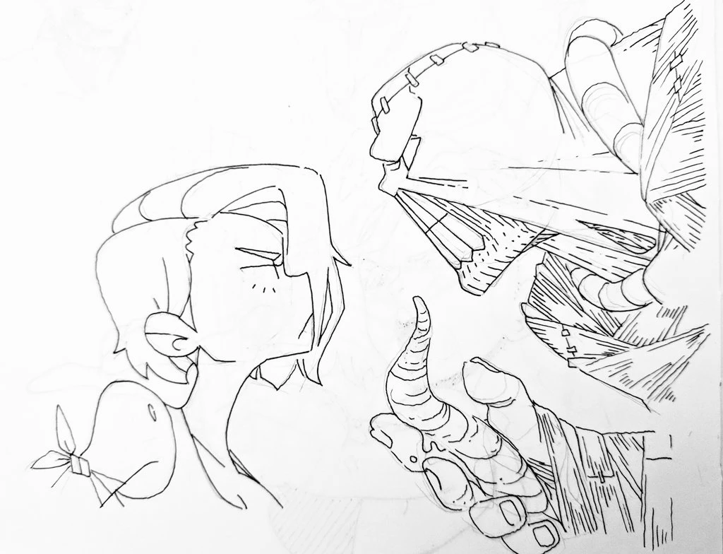 a black and white cartoon sketch of a girl looking to the left and a scary monster with a hand reaching towards the girl.