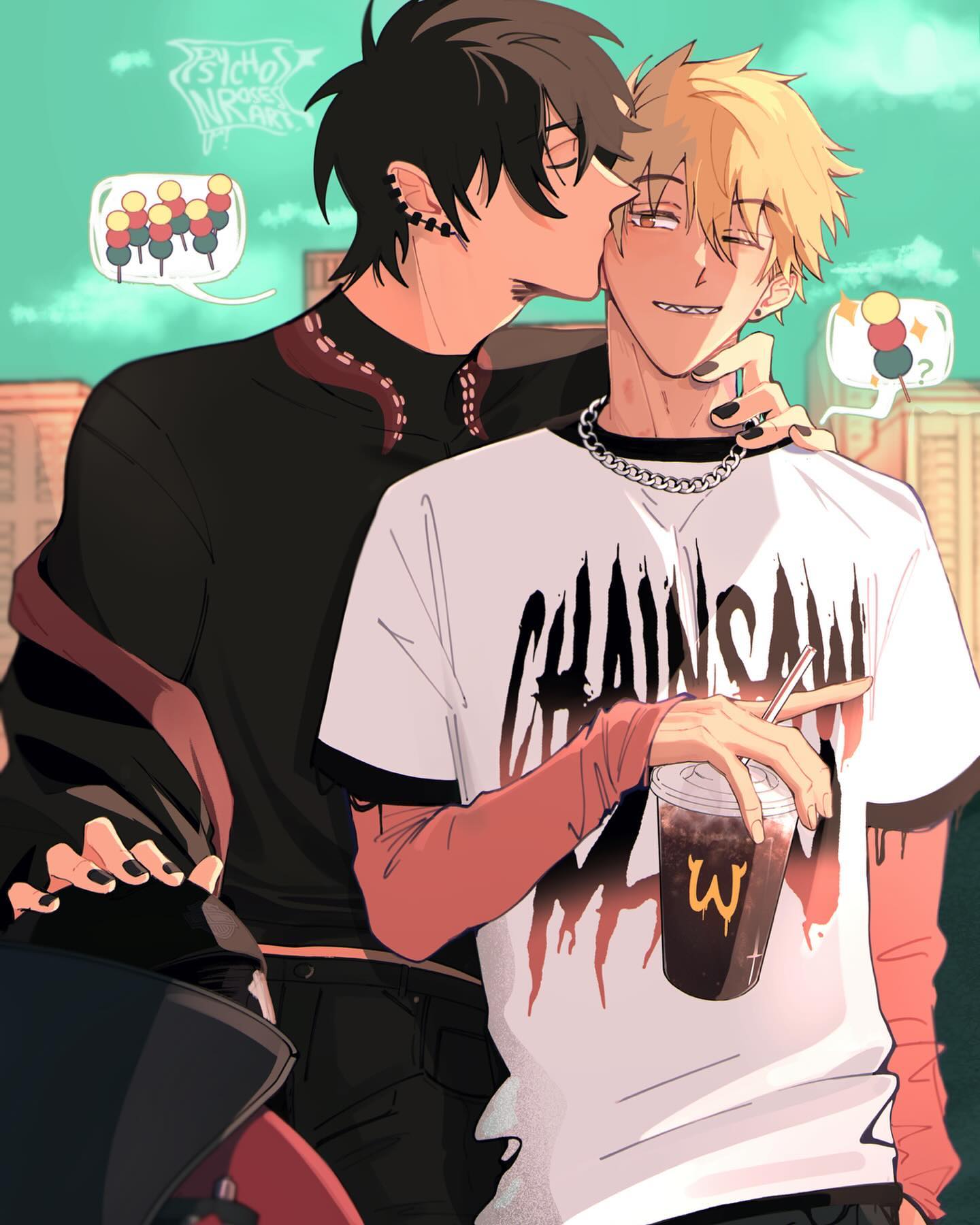 the image is a digital fanart depicting a romantic scene between two animestyle young men.  one has dark hair and piercings, wearing dark clothing; the other has blond hair and is wearing a white tshirt with a "chainsaw man" graphic and red long sleeves. they are embracing, with the darkhaired one kissing the blond one's cheek. the setting appears to be an urban street scene.  there are speech bubbles with images of japanese street food (possibly dango) and traffic lights. one of the men holds a mcdonald's beverage. the overall style is soft and romantic, with a focus on the affection between the couple.