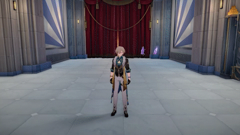 a screenshot from the video game genshin impact showing a male character in an elegant, formal outfit. the character has blonde hair and is wearing a long coat, pants, and shoes.  he has gloves and several accessories.  the setting is a large, indoor hall or palace with red curtains in the background, blue and white striped walls, and a highly polished tiled floor.