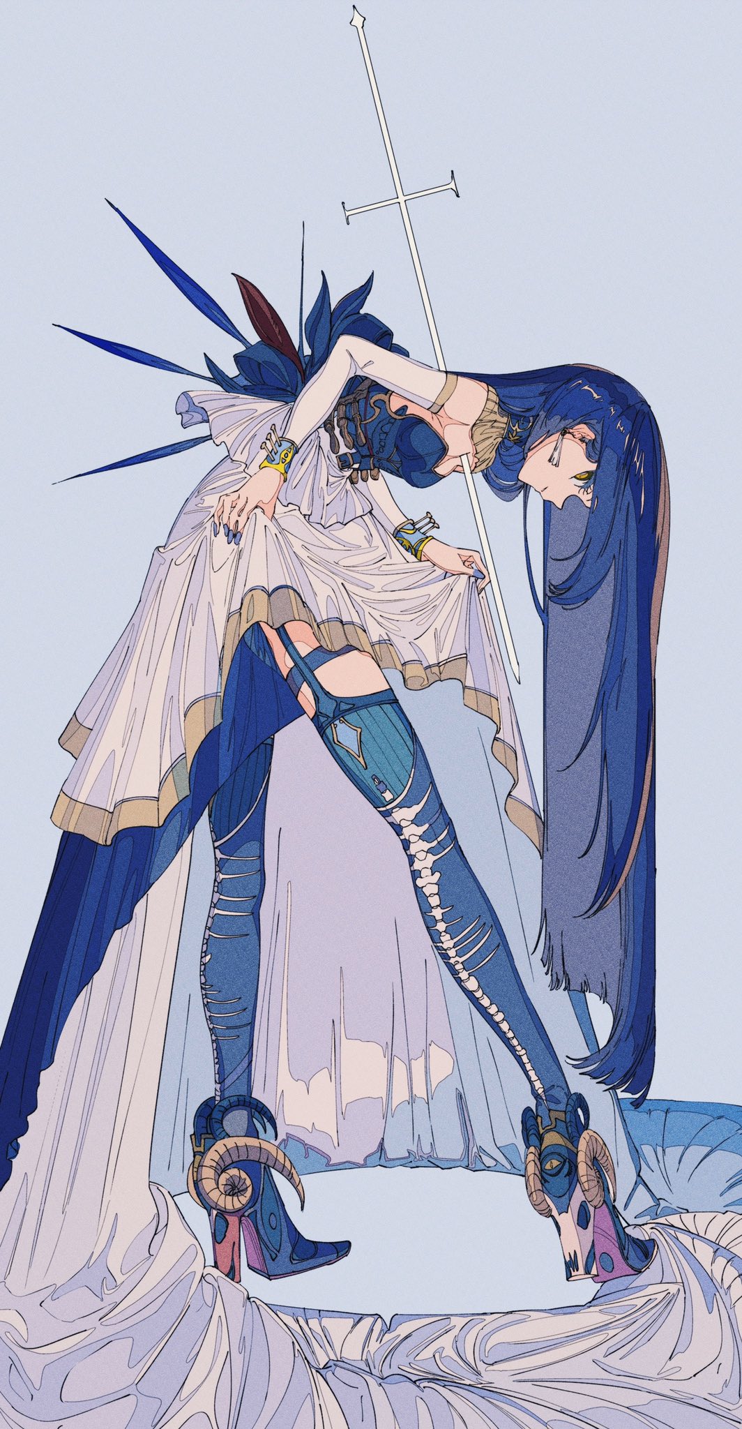 the image shows a stylized animestyle illustration of a young woman. she is depicted with long, flowing blue hair and is wearing a white dress with a blue overlay. the dress is long and flowing, and she also wears tall, intricately designed boots with ram horns at the heels. she holds a long, thin sword or staff with a cross at its top. the overall style is elegant and graceful, with a hint of fantasy and mystery. the woman's pose is relaxed yet striking. the background is a light blue color, and the image is highly detailed and rich in visual texture.