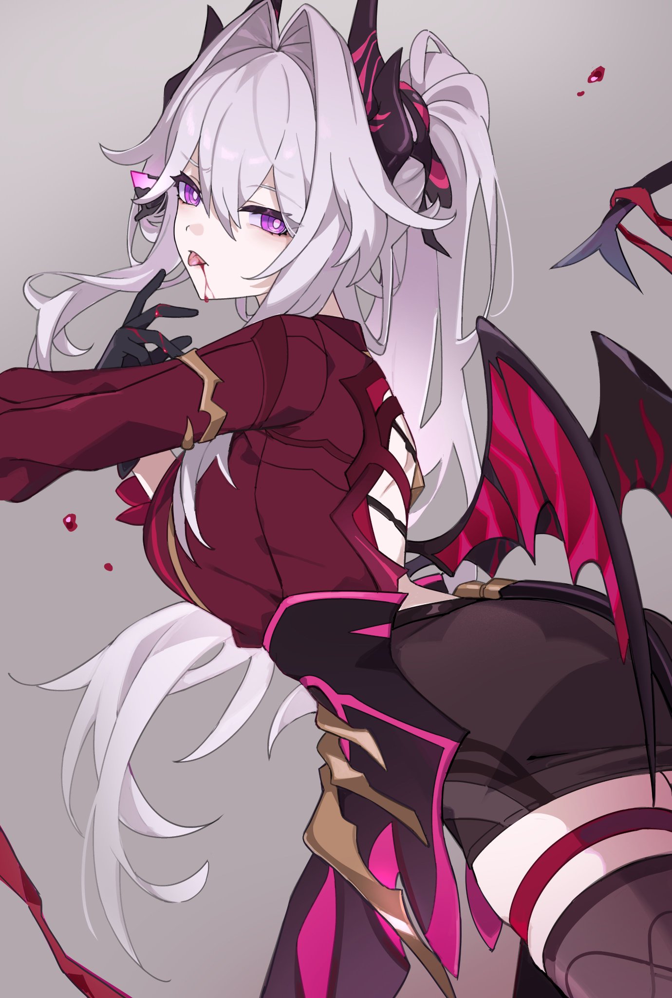 a digital drawing of a young woman with long white hair, red eyes, and a red and black outfit. she has black horns and wings, and her body is covered in blood. she is looking at the viewer with a mischievous expression on her face. the background is a light gray.