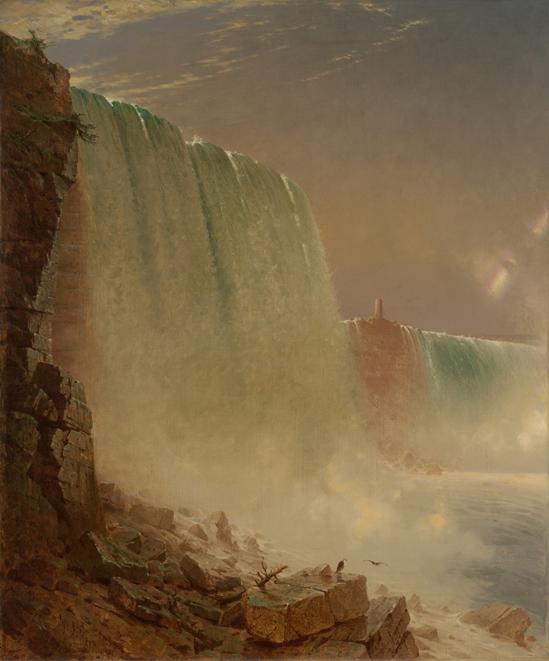 the painting depicts niagara falls in a naturalistic style. a massive waterfall cascades over a rocky cliff, generating a mist at its base. in the foreground, there are large rocks with a few birds resting on them. the sky is overcast, and the scene is bathed in a soft, diffused light. the painting showcases the power and grandeur of nature with realistic details.