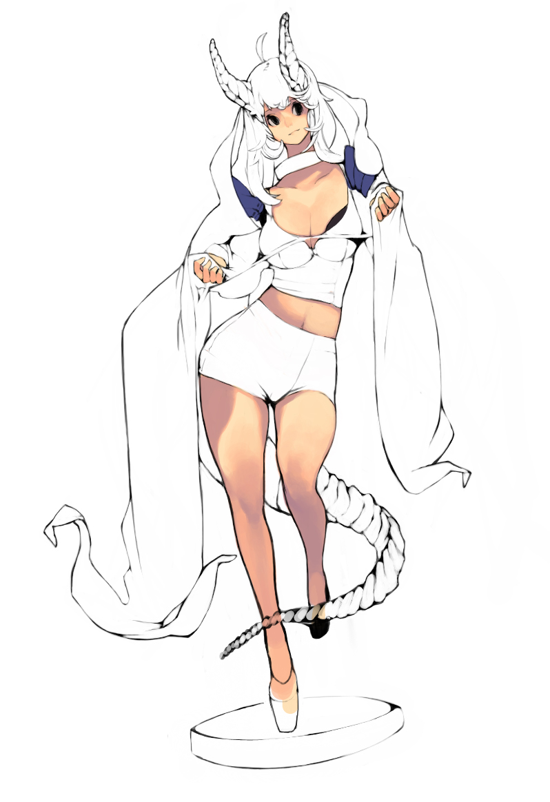 the image is a line art drawing of a female character with dragonlike horns and a tail. she is dressed in a white outfit with a flowing cape and is striking a dynamic pose on a small platform. the drawing style is reminiscent of manga or anime, with a focus on expressive lines and a slightly exaggerated anatomy.