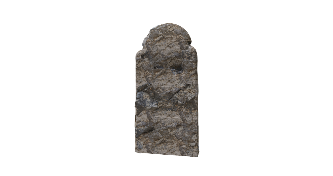 a 3d rendering of a weathered stone tombstone stands isolated against a black background. the tombstone has a rounded top and a rectangular body, with a rough, textured surface resembling natural rock. there are a few small indentations and protruding rocks along its surface.