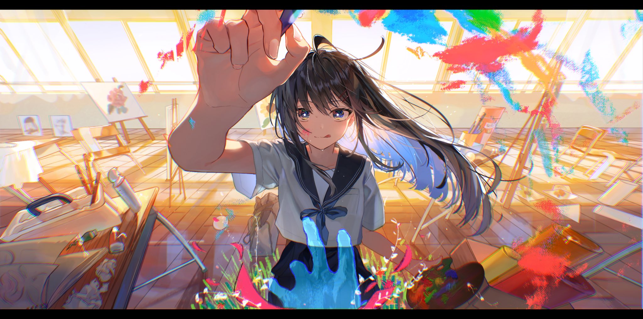 the image is a digital illustration of an anime girl in a sailor school uniform. she's in an art studio, surrounded by easels, paint supplies, and bright, colorful paint splatters.  she's reaching up towards the viewer with one hand, seemingly painting or interacting with the vibrant splashes of color in the air. the overall atmosphere is cheerful and creative, with warm sunlight illuminating the scene.  the style is vibrant and expressive, characteristic of anime art.