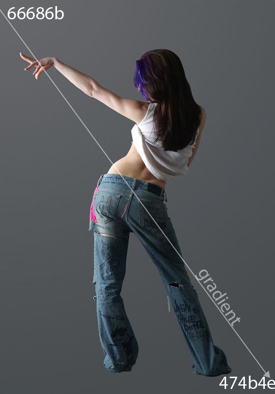 a woman in a white tank top and blue jeans is posing with her back to the camera and looking over her shoulder. her hair is purple and she has a casual, stylish look.