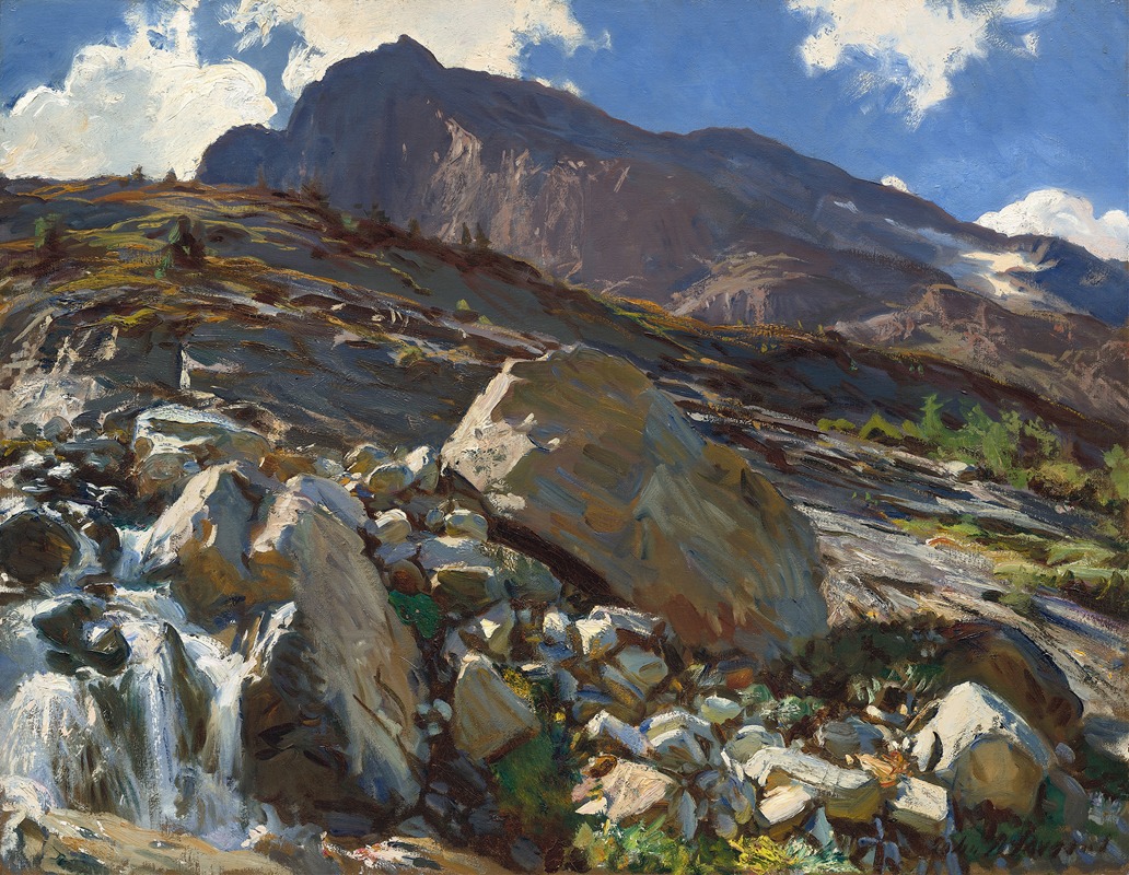 the image is a painting of a mountain landscape. in the foreground, there are large rocks and boulders, with a waterfall cascading down them. the stream flows through the rocks. the middle ground features more rocks and vegetation leading up to the base of the mountain. the mountain dominates the background, rising high into a sky filled with blue and white clouds. the painting uses visible brushstrokes and a color palette of blues, grays, greens, and browns. it depicts a sunny day in a natural mountain environment.