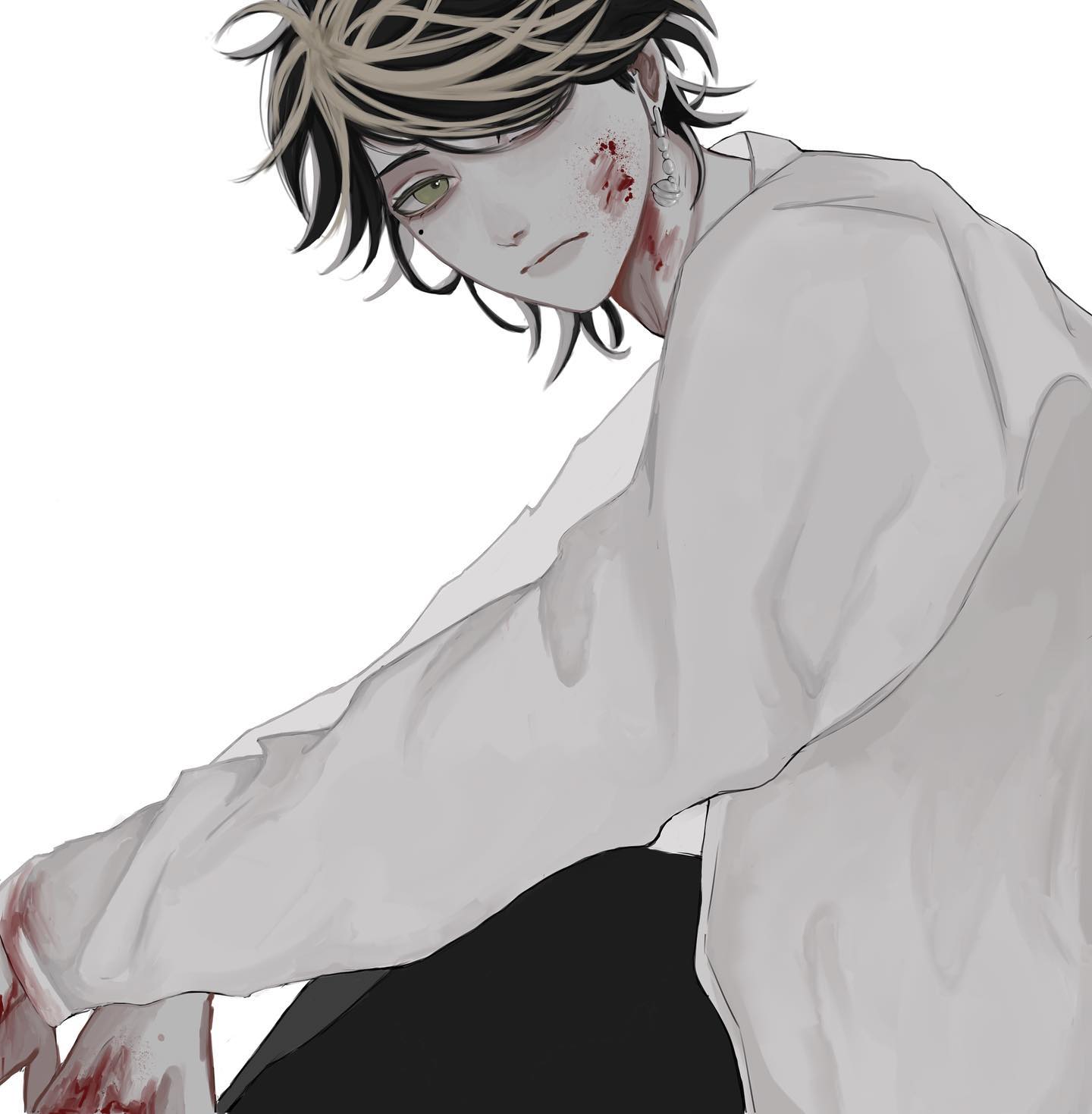 the image is a digital drawing in a style reminiscent of anime and manga. it depicts a young, pale anime boy with dark hair that has lighter streaks. he's seated and slightly hunched over, with his body angled away from the viewer. his face shows signs of injury; there are several cuts and scratches, with blood visible on his face and hands. he's wearing an oversized white shirt and dark pants. the overall color palette is grayscale, with muted tones and a focus on the contrast between the boy's pale skin and the red bloodstains. the style is somewhat melancholic and dramatic. the background is plain white.