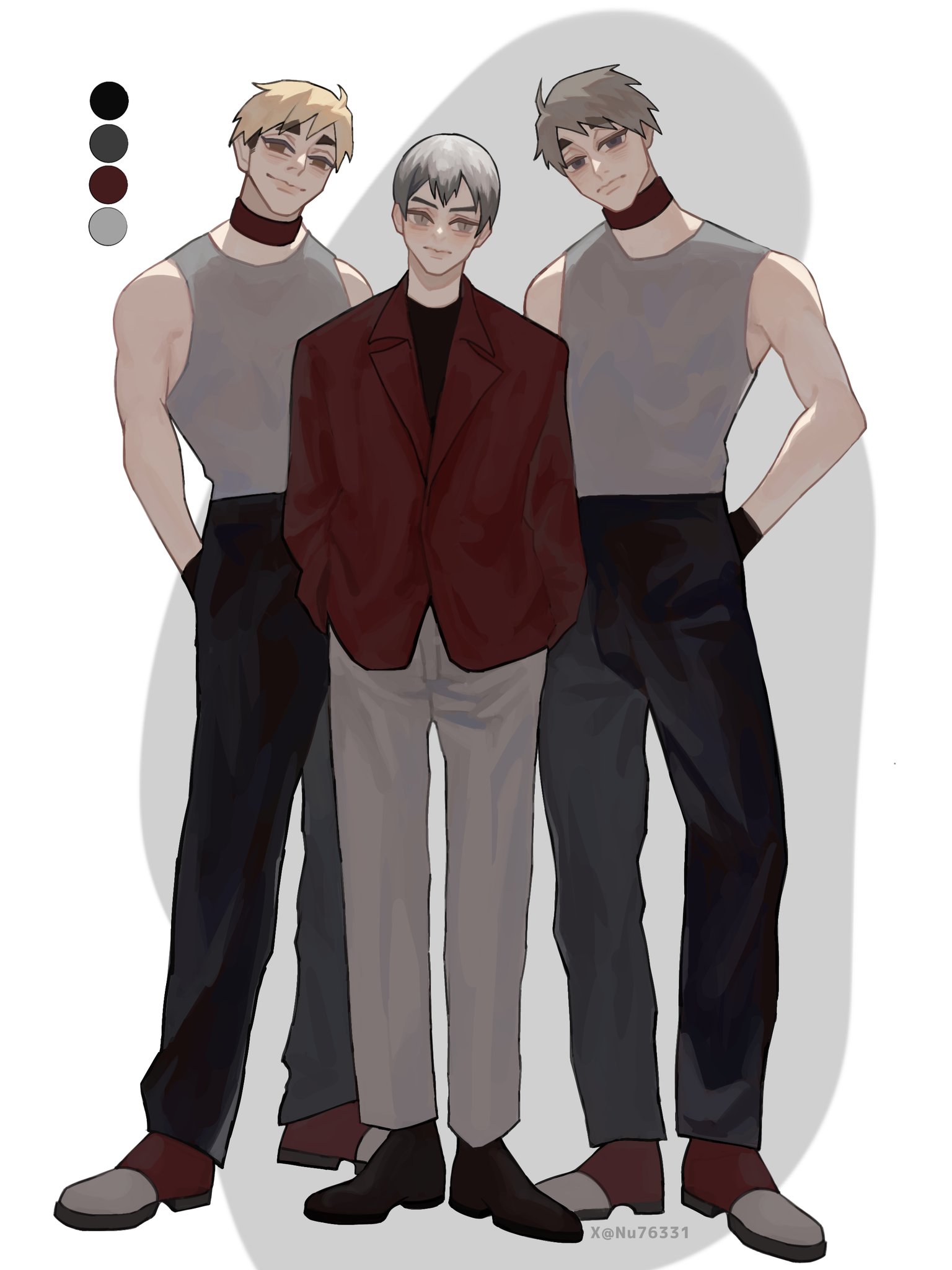 this illustration shows three anime boys standing together in a casual pose. the boy in the middle is wearing a red jacket, white pants, and black shoes. the boy on the left is wearing a gray tank top, black pants, and black and white shoes. the boy on the right is wearing a gray tank top, black pants, and black and white shoes. they are all smiling.