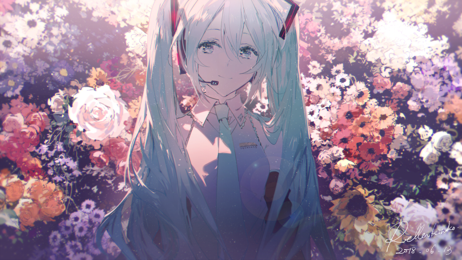 the image depicts an anime girl with light blue hair styled in twin tails. the character is hatsune miku, a vocaloid, and she is smiling gently. she is surrounded by a vibrant and colorful array of flowers, including sunflowers and roses. the artwork includes a signature and a date at the bottom right corner. the overall impression is soft and ethereal.